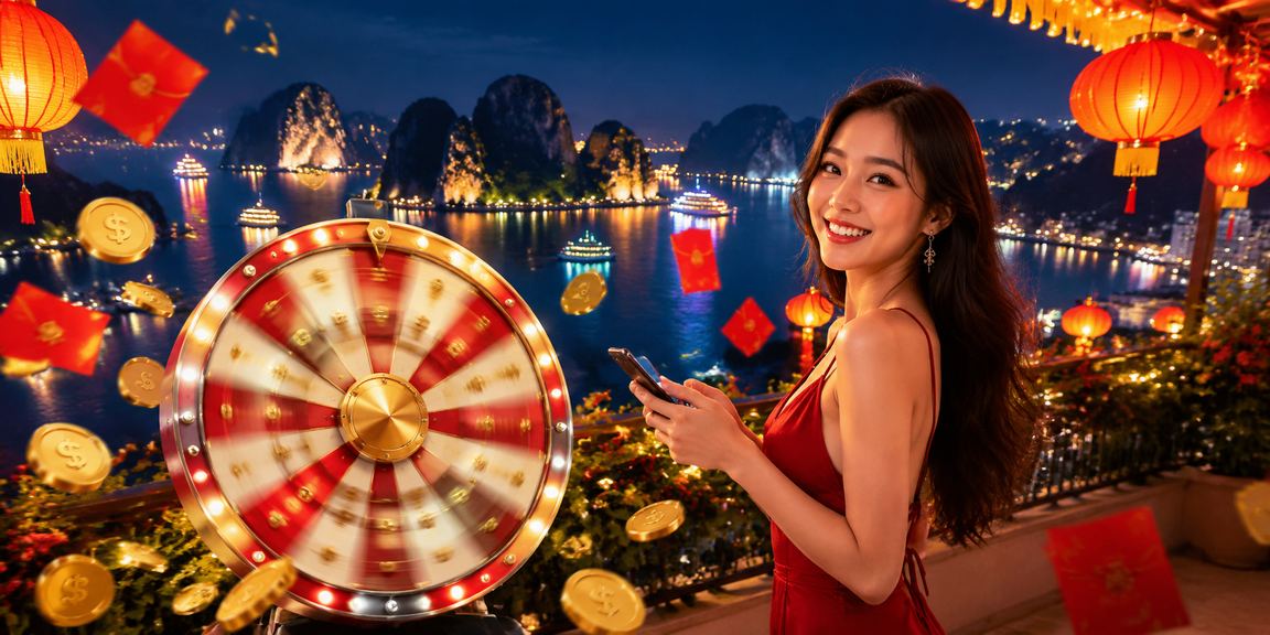 Cảnh đêm vịnh Hạ Long với đèn lồng và bàn roulette lấp lánh ánh sáng neon